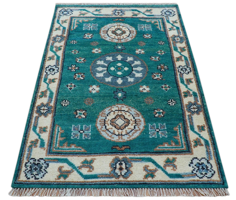 Traditional Khotan Design Teal And Beige Hand knotted 4x6  Wool Area Rug