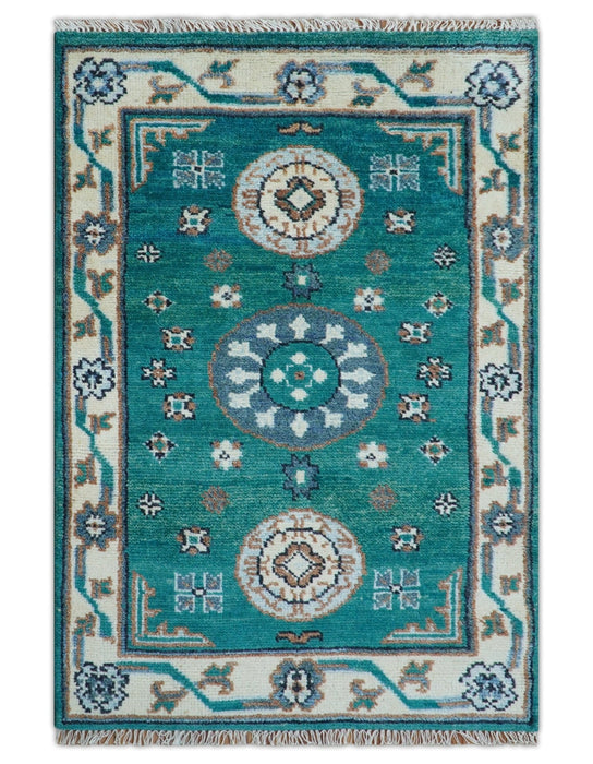 Traditional Khotan Design Teal And Beige Hand knotted 4x6  Wool Area Rug