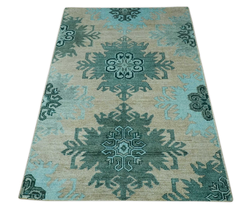 Traditional Large Design 5x8 Beige, Teal and Aqua Hand knotted wool area rug