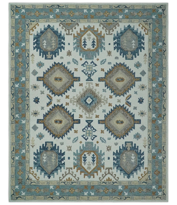 Traditional Large Design Ivory, Blue and Beige Hand Tufted Custom Made wool area Rug