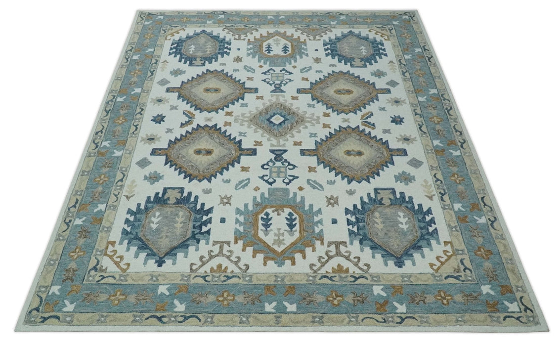 Traditional Large Design Ivory, Blue and Beige Hand Tufted Custom Made wool area Rug