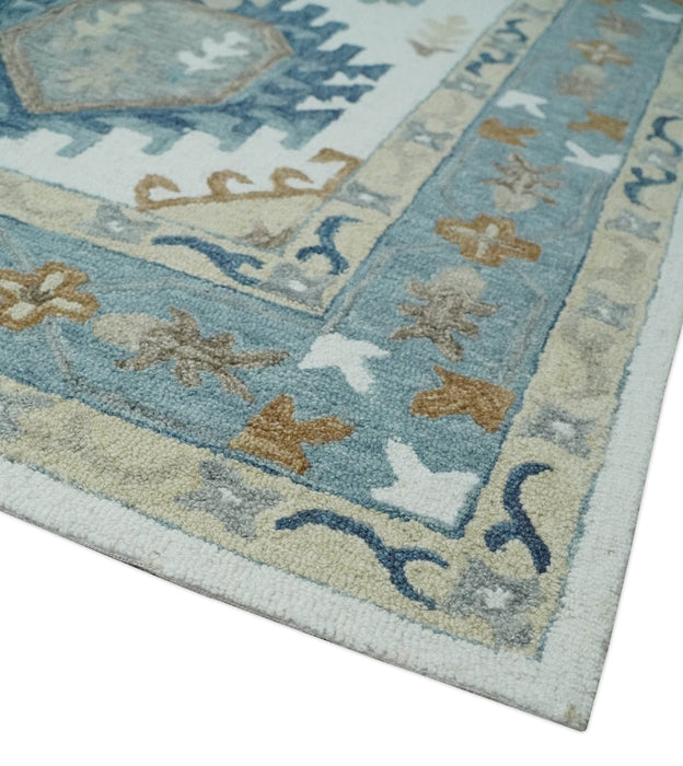 Traditional Large Design Ivory, Blue and Beige Hand Tufted Custom Made wool area Rug