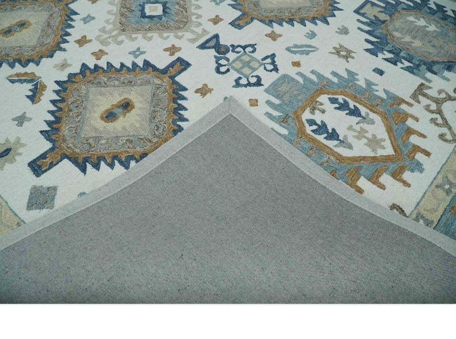 Traditional Large Design Ivory, Blue and Beige Hand Tufted Custom Made wool area Rug