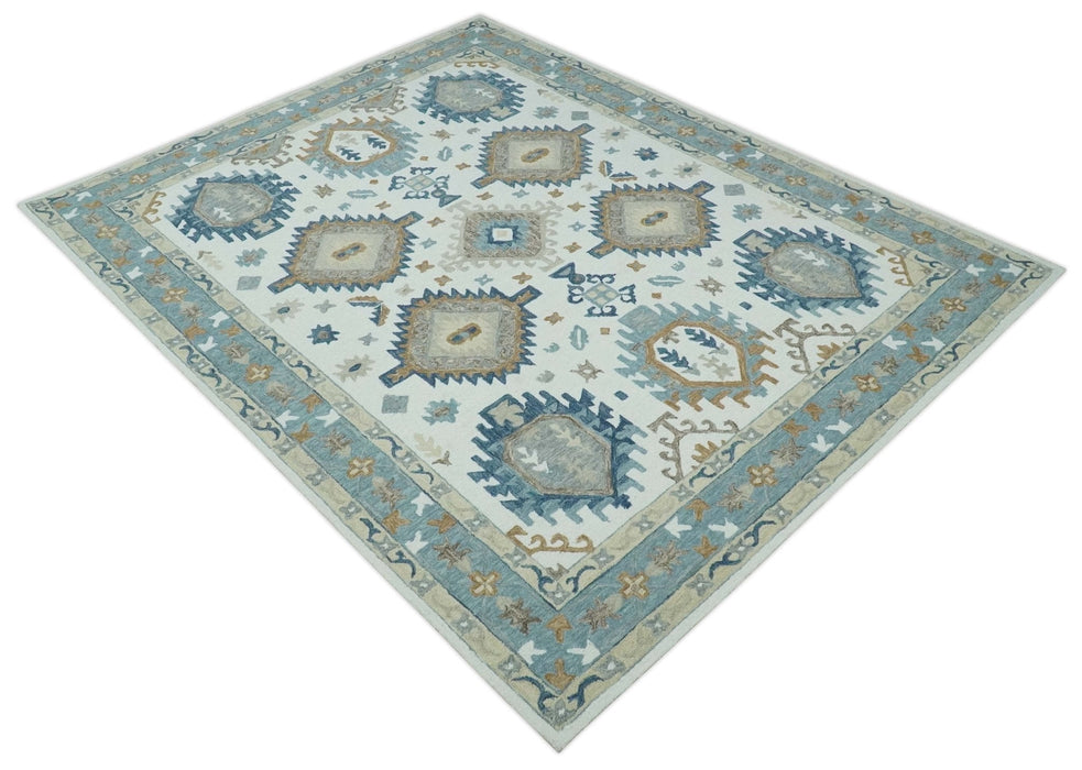 Traditional Large Design Ivory, Blue and Beige Hand Tufted Custom Made wool area Rug