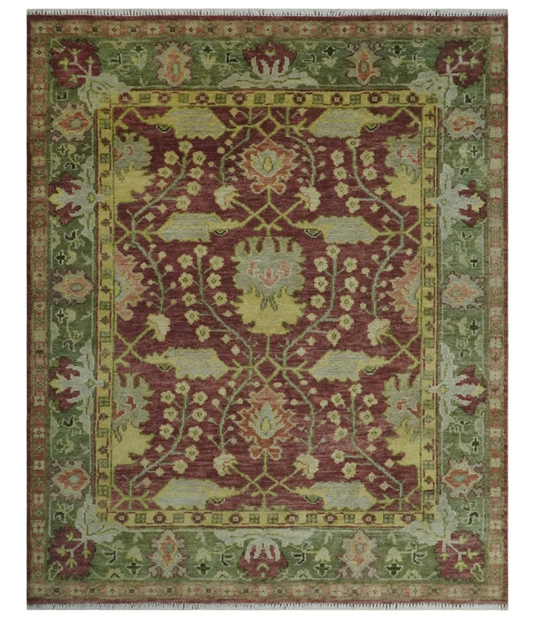 Traditional Maroon, Green and Beige Antique Donegal Design Hand knotted Area Rug