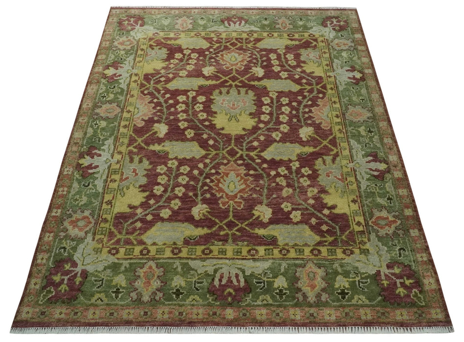 Traditional Maroon, Green and Beige Antique Donegal Design Hand knotted Area Rug