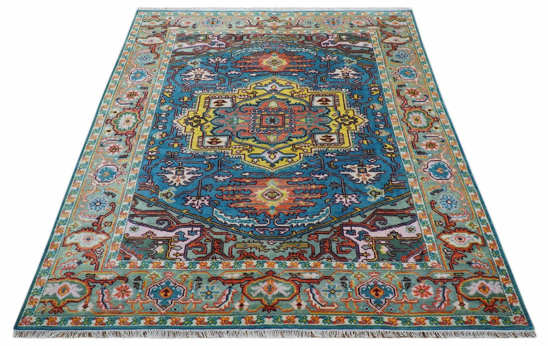 Traditional Medallion Design Blue Hand knotted 8x10 Wool Area Rug