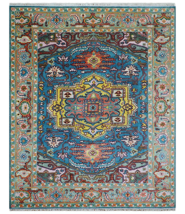 Traditional Medallion Design Blue Hand knotted 8x10 Wool Area Rug