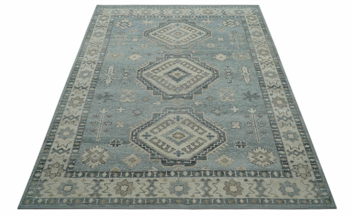 Traditional Medallions Design Blue And Beige Custom Made Wool And Linen Blend Rug