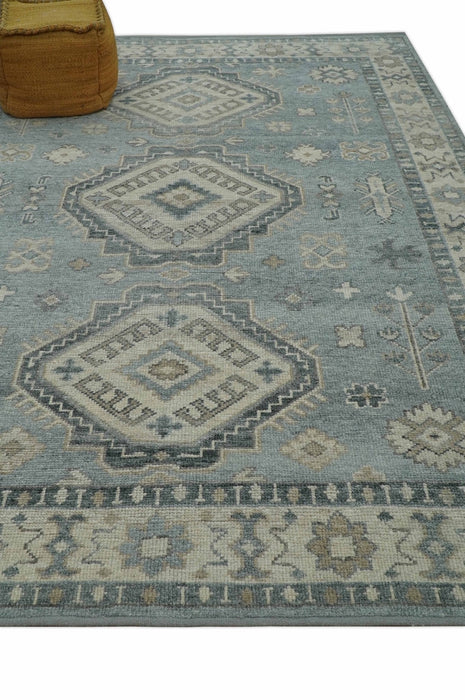 Traditional Medallions Design Blue And Beige Custom Made Wool And Linen Blend Rug