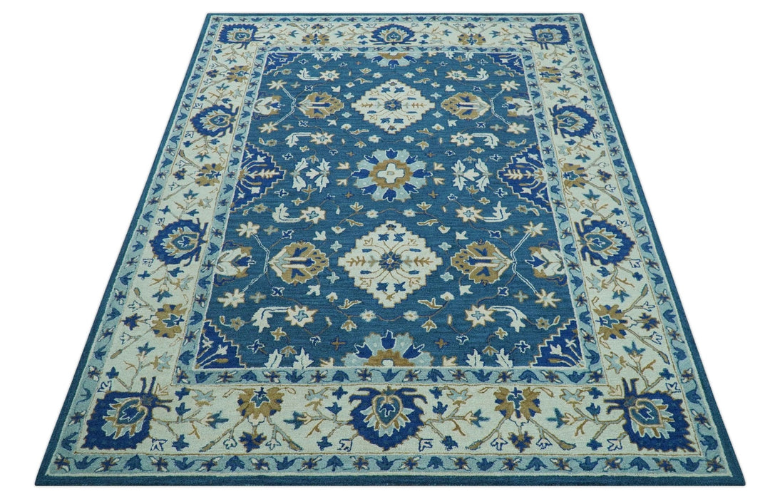 Traditional Oriental Design Beige And Blue Hand Tufted 8x10 Wool Area Rug