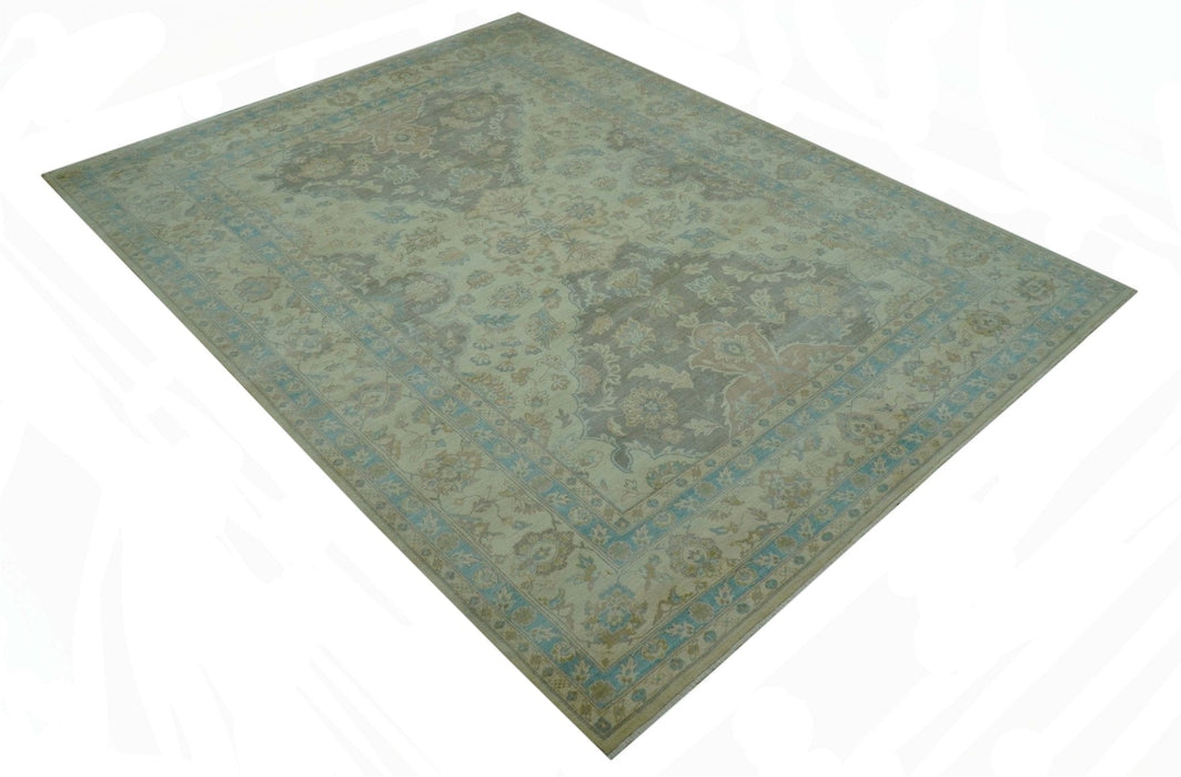 Traditional Oriental Design Blue And Beige Hand Knotted 8.5x11 Wool Area Rug