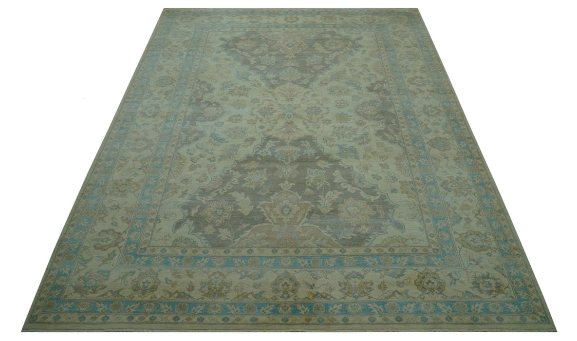 Traditional Oriental Design Blue And Beige Hand Knotted 8.5x11 Wool Area Rug