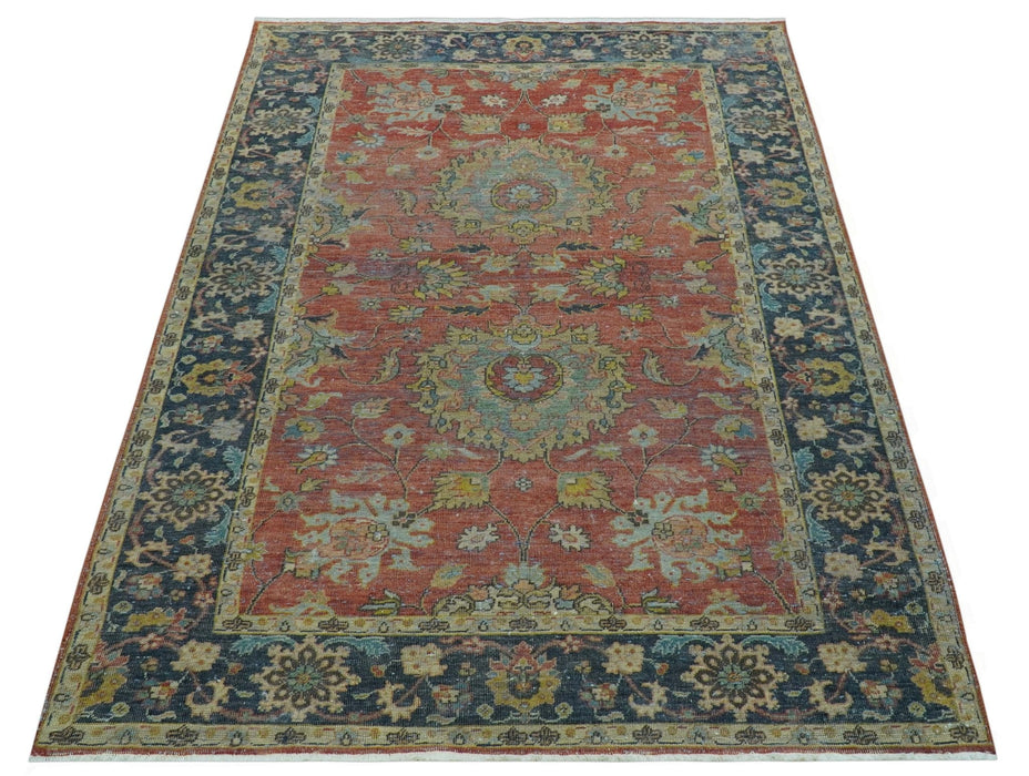 Traditional Oriental Design Fine Rust And Blue Hand Knotted 4x6 Wool Area Rug