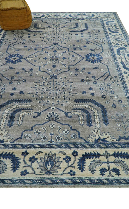 Traditional Oriental Gray And Blue Hand knotted Art Silk Area Rug