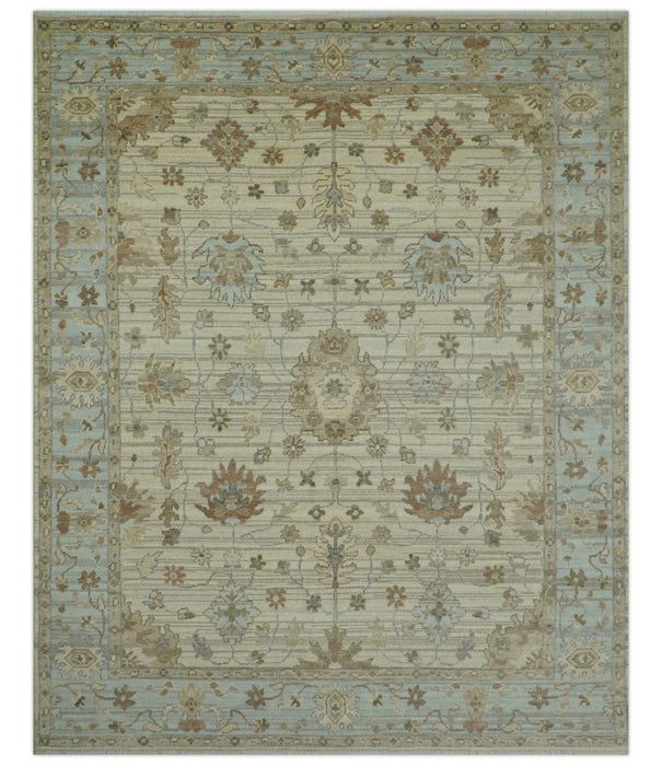 Traditional Oushak  Beige, Brown And Blue 8X10 Hand Knotted wool rug