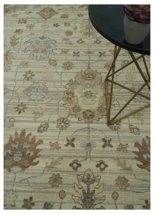 Traditional Oushak  Beige, Brown And Blue Hand Knotted Custom Made Wool rug