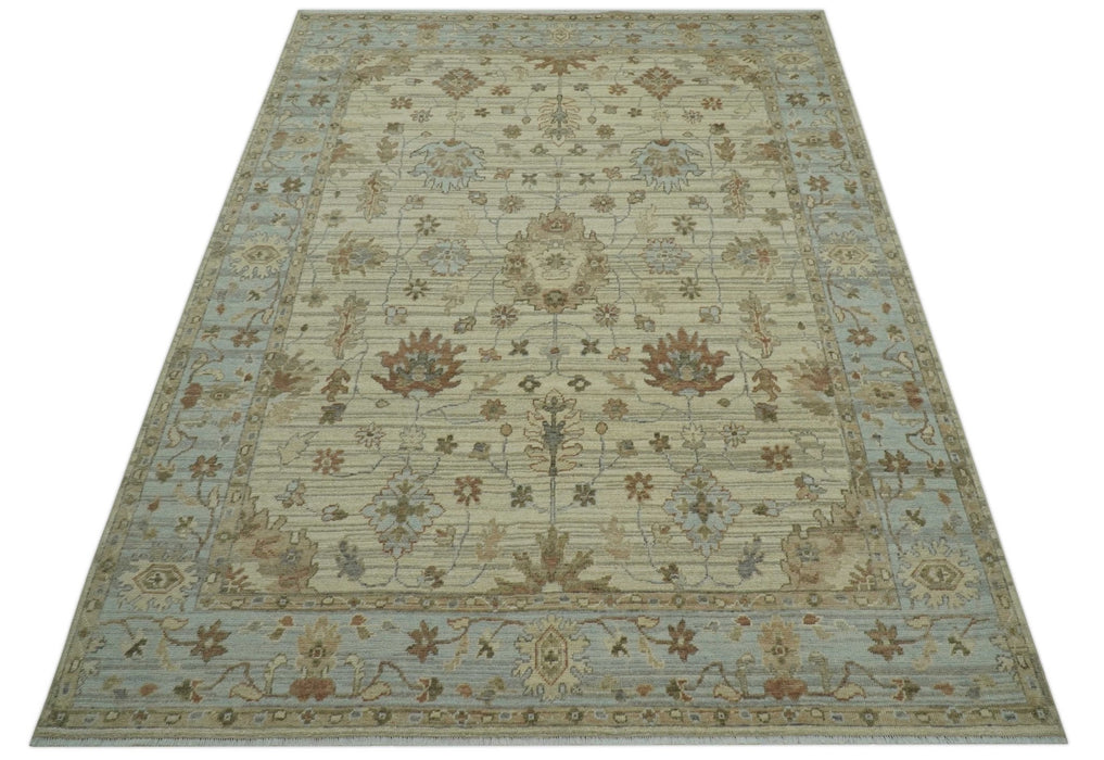 Traditional Oushak  Beige, Brown And Blue Hand Knotted Custom Made Wool rug