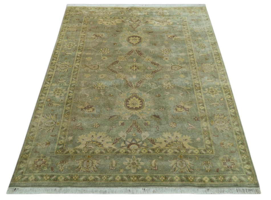Traditional Oushak Design Antique Green And Brown  6x9 Hand Knotted Wool Rug