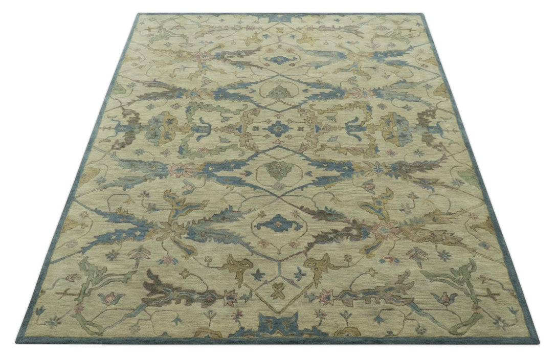 Traditional Oushak Design Beige And Blue Hand Tufted 8x10 Wool Area Rug