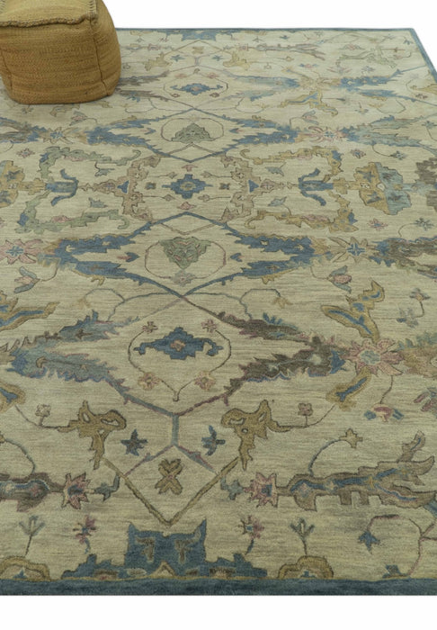 Traditional Oushak Design Beige And Blue Hand Tufted 8x10 Wool Area Rug