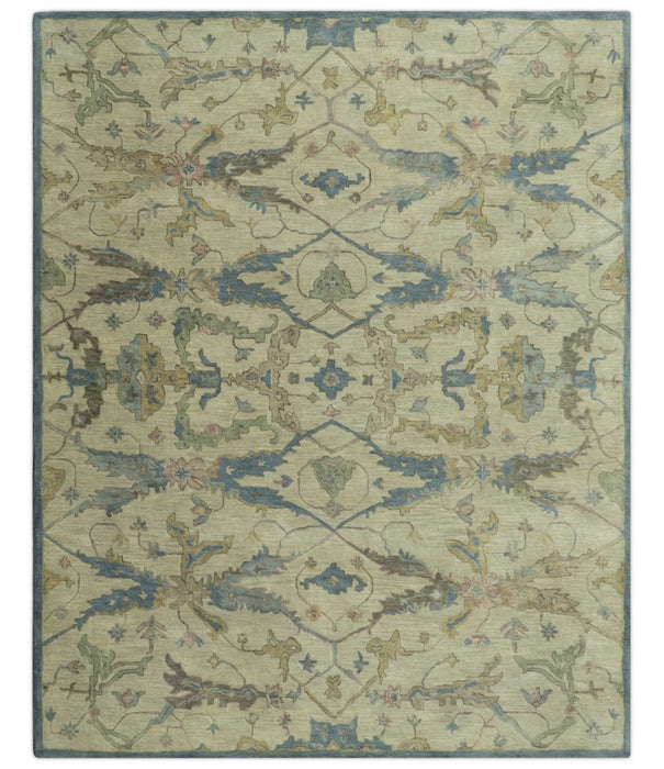 Traditional Oushak Design Beige And Blue Hand Tufted 8x10 Wool Area Rug