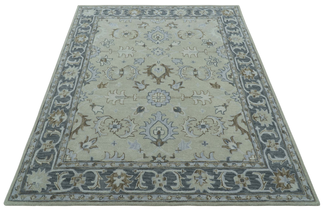 Traditional Oushak Design Beige, Blue And Silver 8x10 Hand Tufted Wool Area Rug