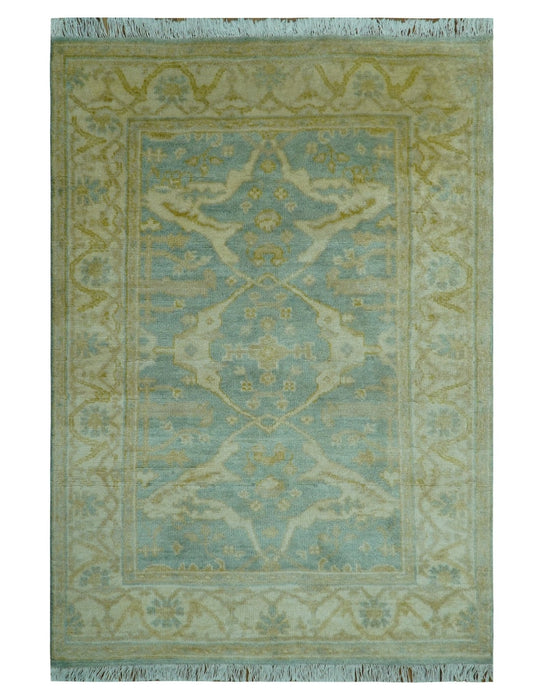 Traditional Oushak Design Blue And Beige 4x6 Hand Knotted Wool Area Rug