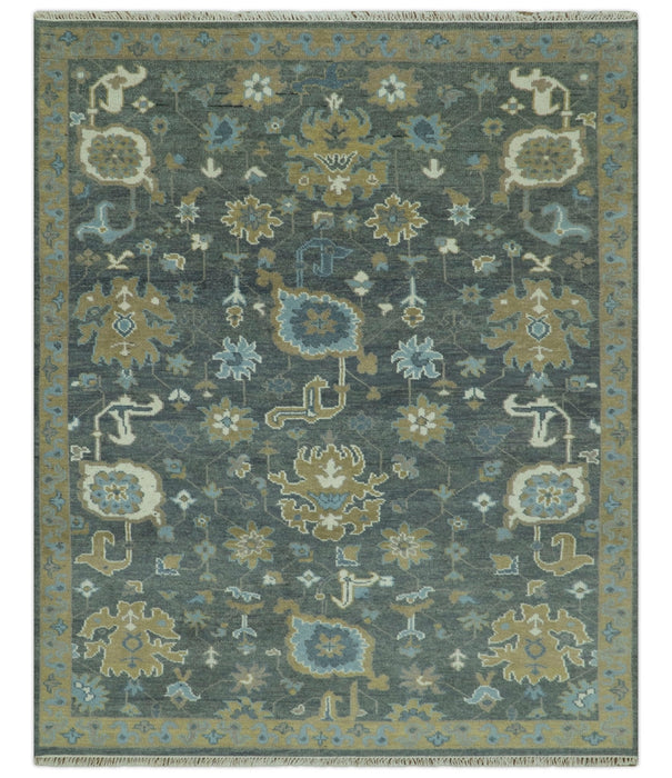 Traditional Oushak Design Charcoal And Camel Hand Knotted Custom Made Wool rug