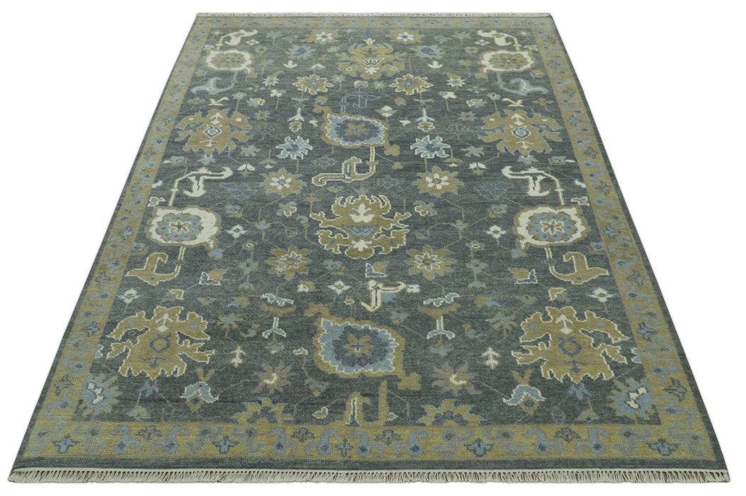 Traditional Oushak Design Charcoal And Camel Hand Knotted Custom Made Wool rug