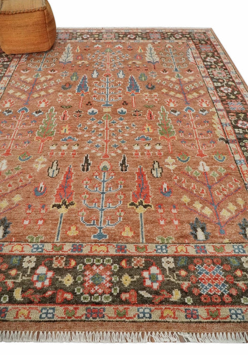 Traditional Oushak Tree of Life Rust and Brown Hand Knotted Wool Rug
