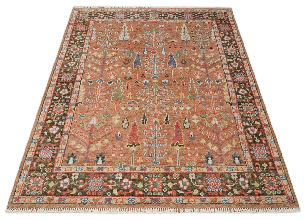 Traditional Oushak Tree of Life Rust and Brown Hand Knotted Wool Rug