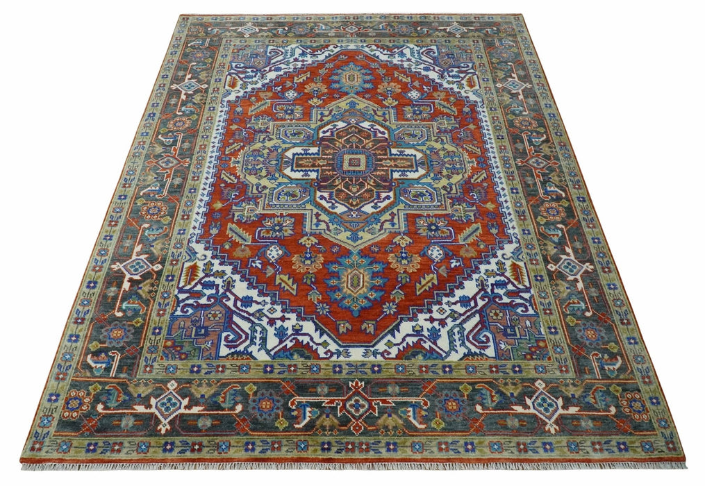 Traditional Rust, Ivory, Beige and Charcoal Multi size Hand knotted Wool Area Rug