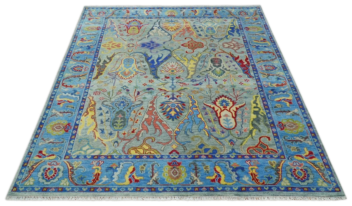 Traditional Silver and Blue Antique Style Colorful Hand knotted wool Area Rug
