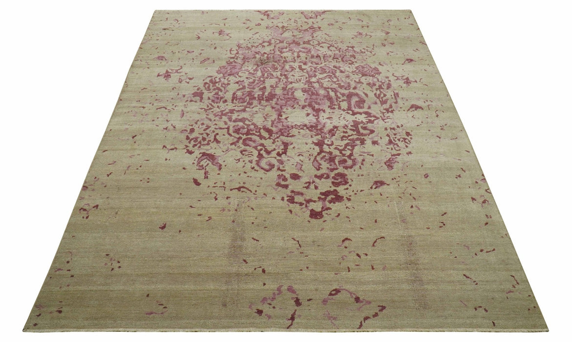 Traditional Transitional Beige And Pink Hand knotted Wool Area Rug