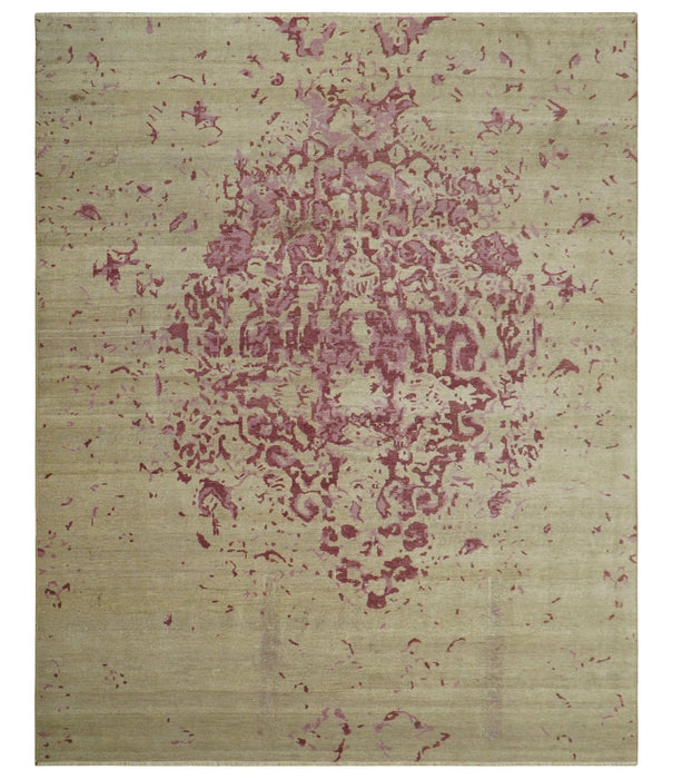 Traditional Transitional Beige And Pink Hand knotted Wool Area Rug