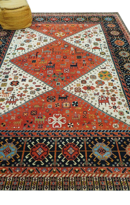 Traditional Tribal Rust And Ivory 8x11 Hand Knotted wool Area Rug