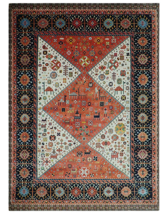 Traditional Tribal Rust And Ivory 8x11 Hand Knotted wool Area Rug