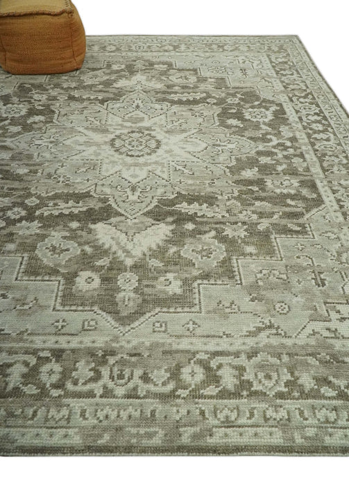 Traditional Turkish Design Beige And Brown Hand Knotted Custom Made wool rug