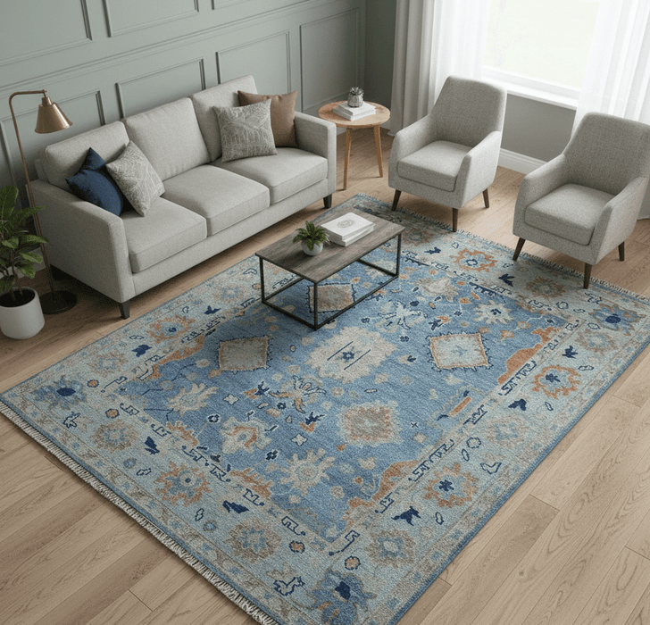 Traditional Turkish Design Blue And Beige 8x10 Hand knotted Wool Area Rug