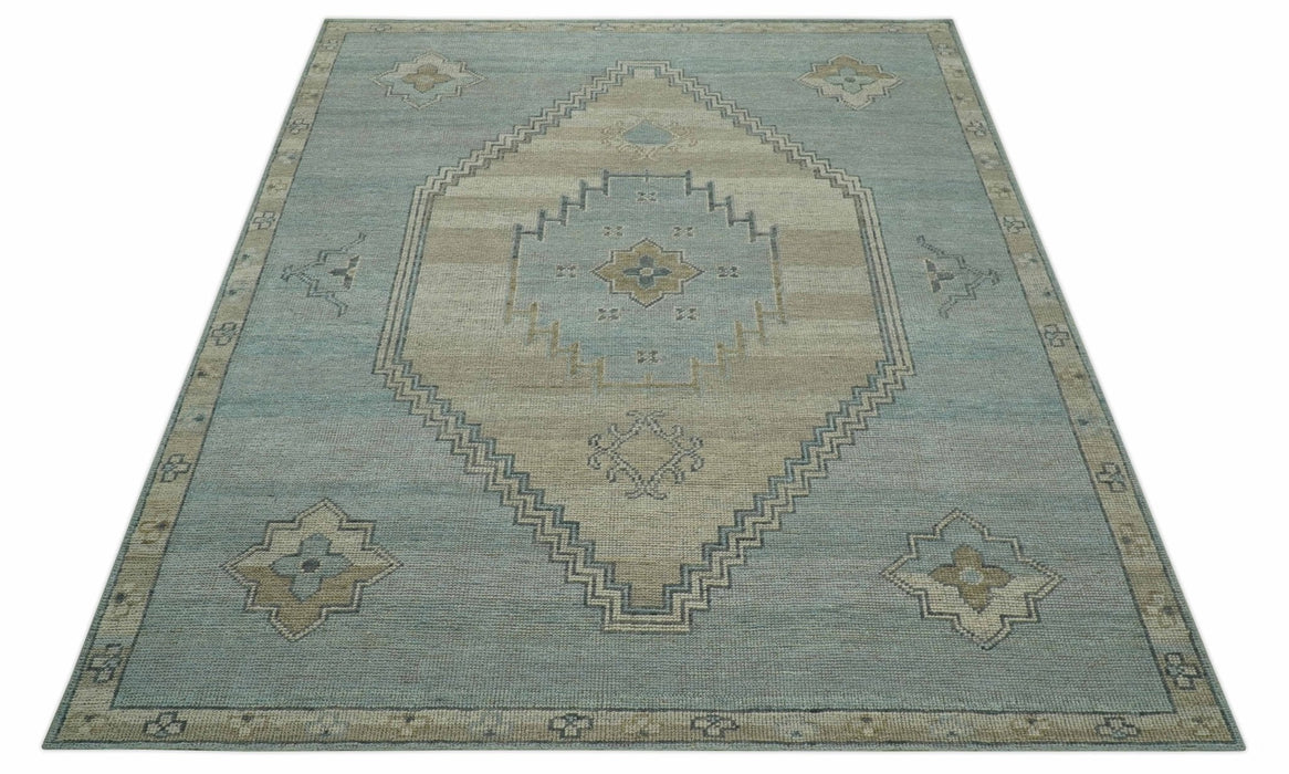 Traditional Medallion Design Blue and Beige Hand Knotted Wool Rug Custom Made