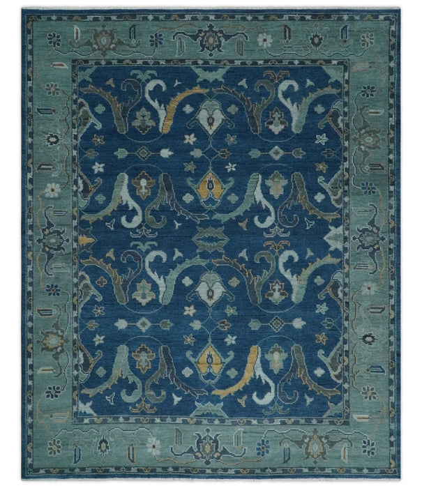 Traditional Turkish Design Hand Knotted Oriental Oushak Blue and Aqua Wool Area Rug