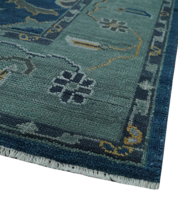 Traditional Turkish Design Hand Knotted Oriental Oushak Blue and Aqua Wool Area Rug