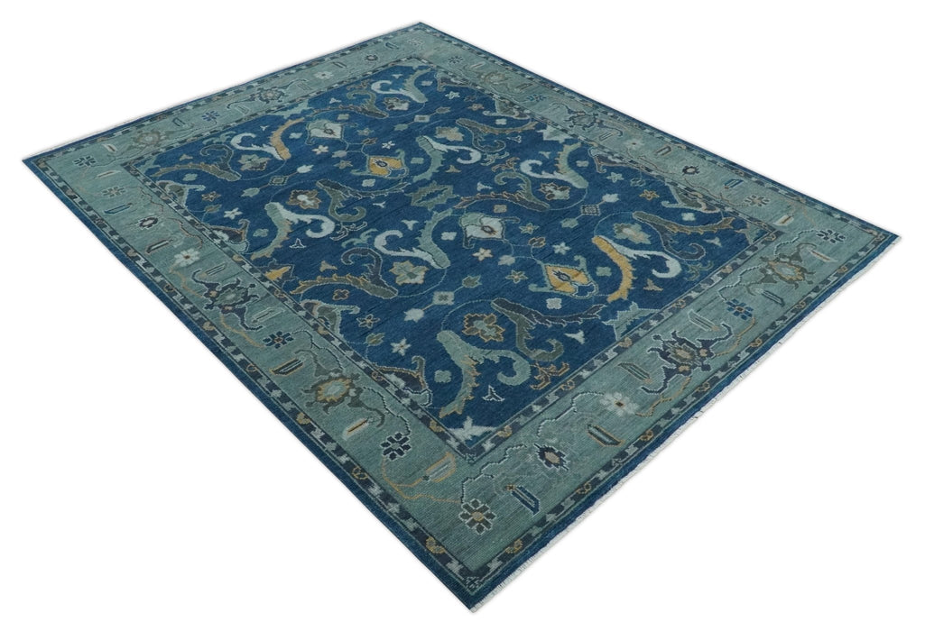 Traditional Turkish Design Hand Knotted Oriental Oushak Blue and Aqua Wool Area Rug