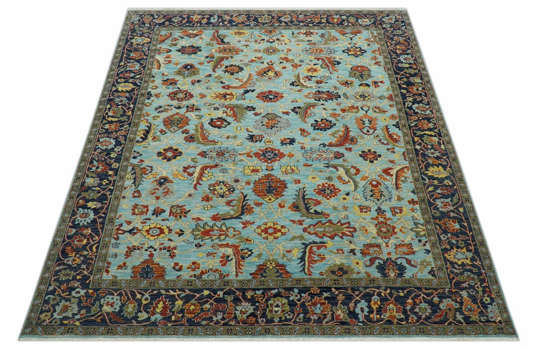 Traditional Turkish Knot Fine Blue And Rust Hand knotted Wool Area Rug