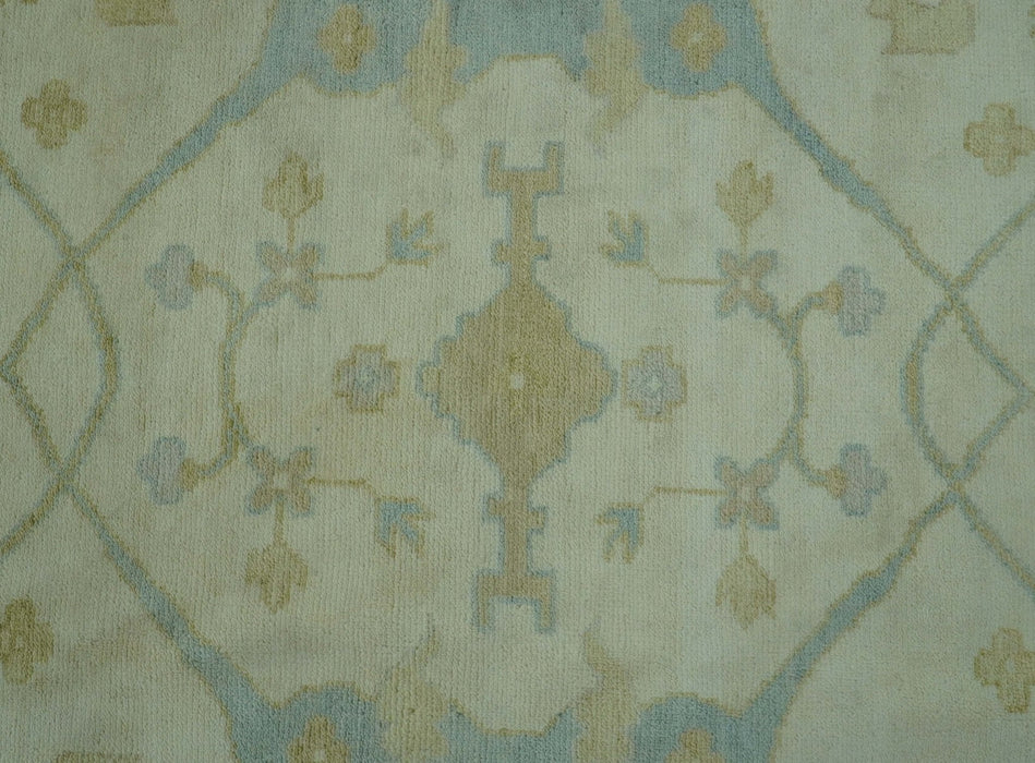 Traditional Turkish Oushak Design Beige And Blue Hand Knotted 12.4x15 Wool Area Rug