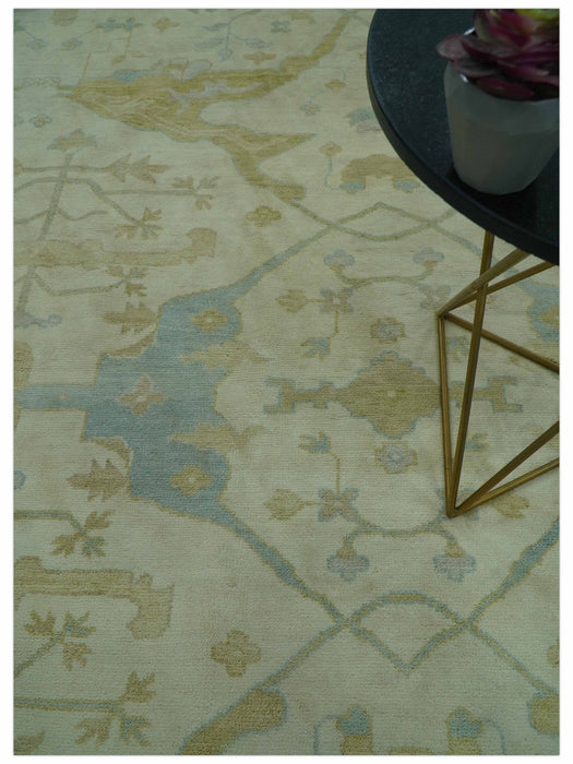 Traditional Turkish Oushak Design Beige And Blue Hand Knotted 12.4x15 Wool Area Rug
