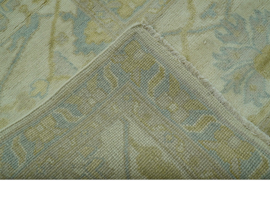 Traditional Turkish Oushak Design Beige And Blue Hand Knotted 12.4x15 Wool Area Rug
