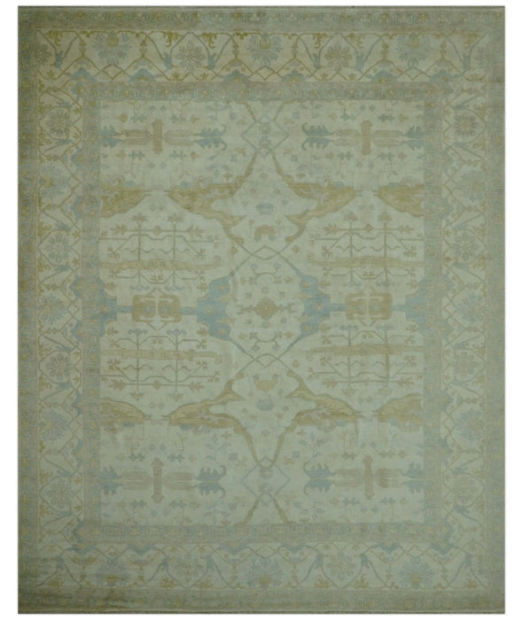 Traditional Turkish Oushak Design Beige And Blue Hand Knotted 12.4x15 Wool Area Rug