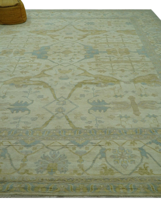 Traditional Turkish Oushak Design Beige And Blue Hand Knotted 12.4x15 Wool Area Rug